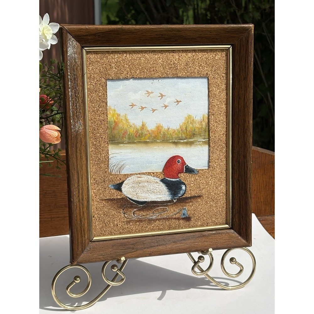 Vintage Hand Painted Mallard Duck on Cork And Canvas Framed Cabincore Rustic